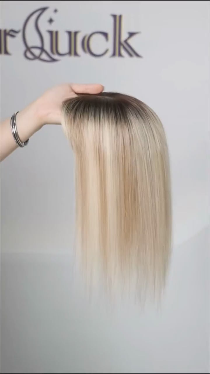 Brown Mixed Blonde Silk Base Human Hair Topper with Bangs – 14”