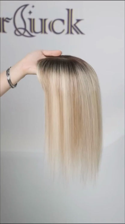 Brown Mixed Blonde Silk Base Human Hair Topper with Bangs – 14”