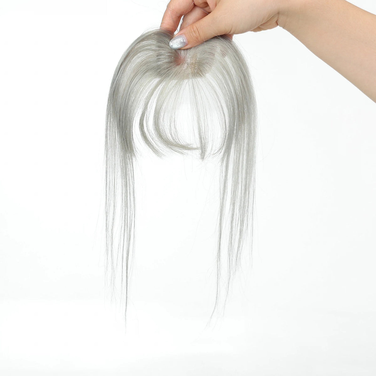Detached light silver grey fringe hairpiece with wispy bangs and side strands