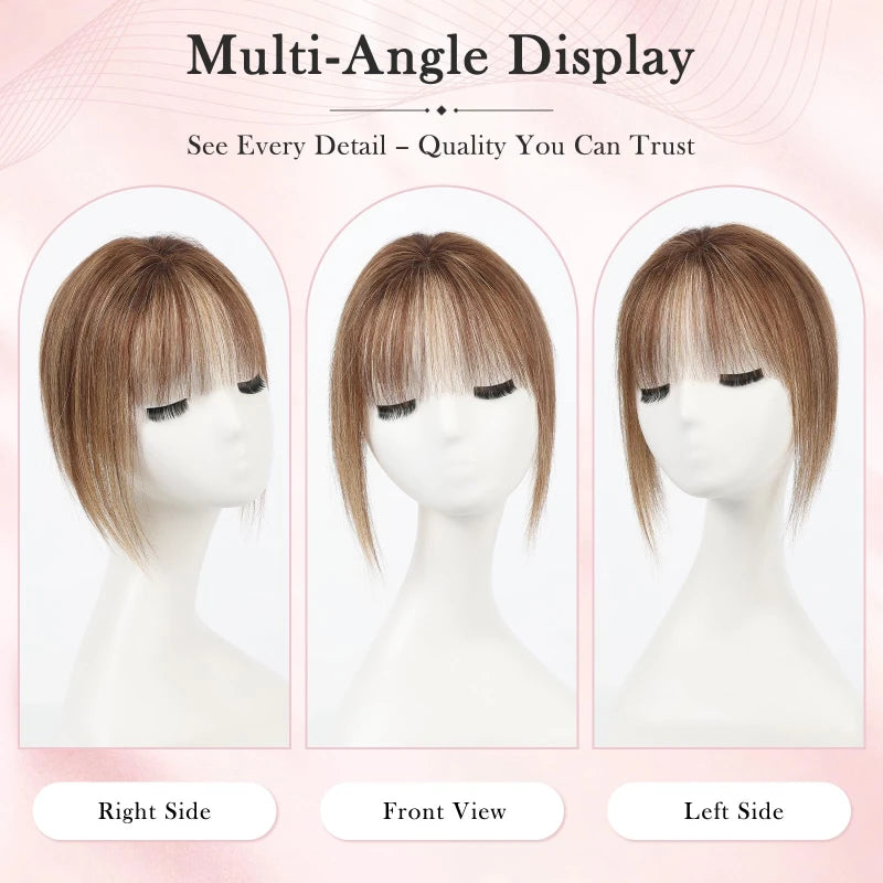8” Remy Human Hair Topper with Air Bangs – Hand-Tied Lace Base 3-Clip