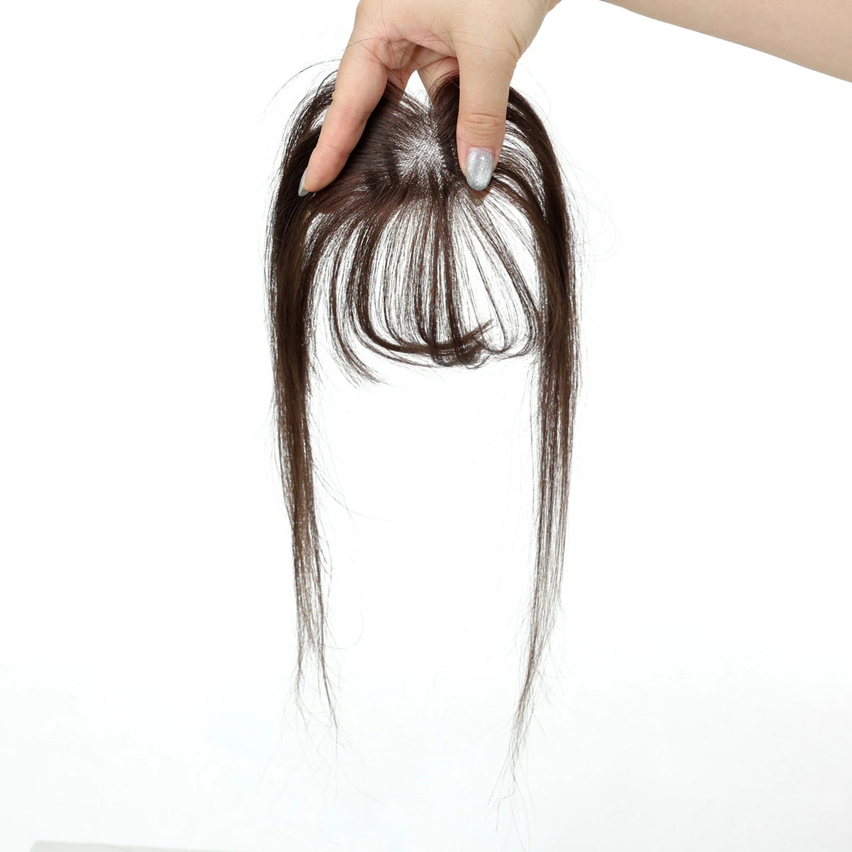 Detached warm chestnut brown clip-in fringe with wispy bangs and side strands