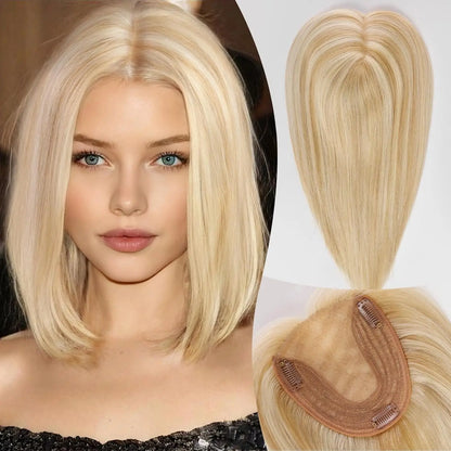 12” Mixed Blonde Human Hair Topper with Bangs – 360° Lace Base Clip-In for Women