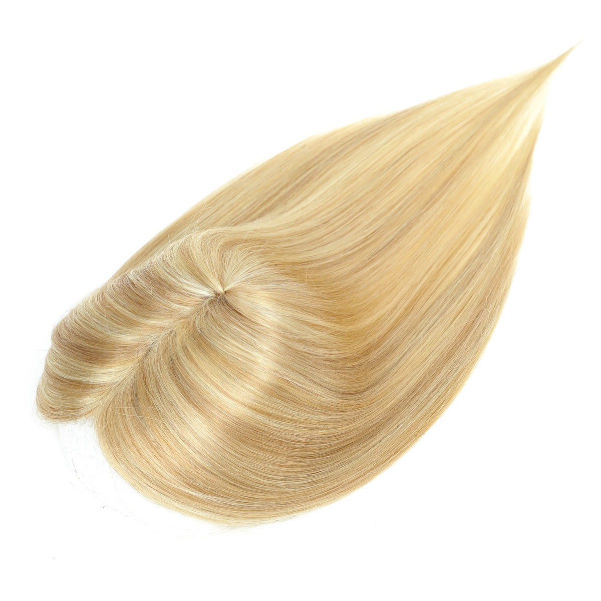 Top view of light-blonde hair topper showing crown swirl and straight lengths