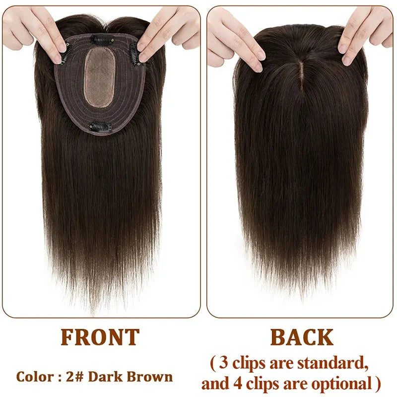 Silk Base Human Hair Topper with Bangs – 12 × 13 cm Remy Clip-In Crown Topper