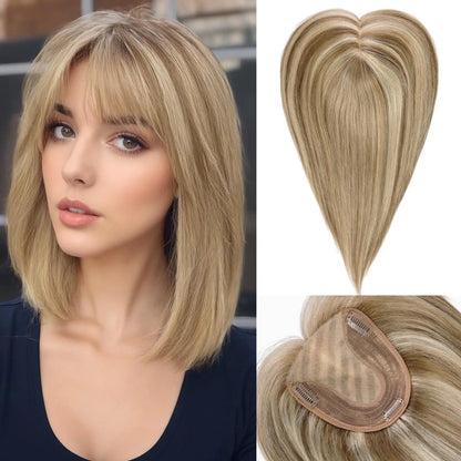 Brown Mixed Blonde Silk Base Human Hair Topper with Bangs – 14”