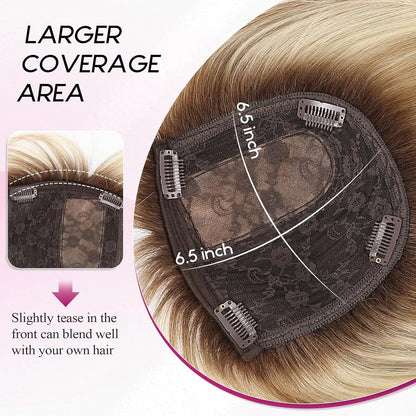 10” Short Bob Human Hair Topper with Bangs – Mixed Blonde Brown Side Part Silk Base Clip-In