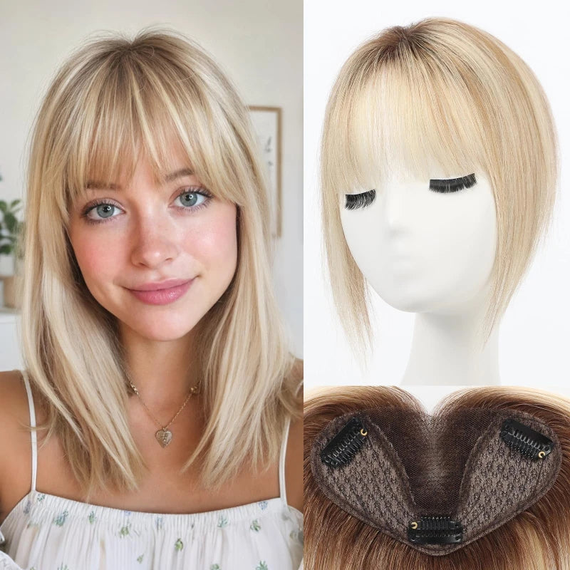 8” Remy Human Hair Topper with Air Bangs – Hand-Tied Lace Base 3-Clip