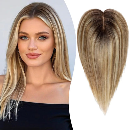 12” Mixed Blonde Human Hair Topper with Bangs – 360° Lace Base Clip-In for Women