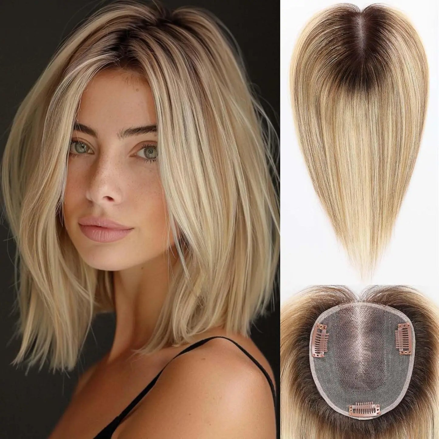 Ombre Light Brown Straight Human Hair Topper – 12” Middle Part Swiss Base