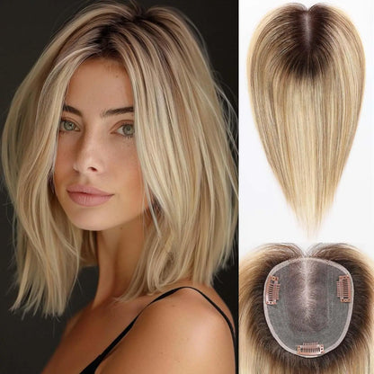 Ombre Light Brown Straight Human Hair Topper – 12” Middle Part Swiss Base