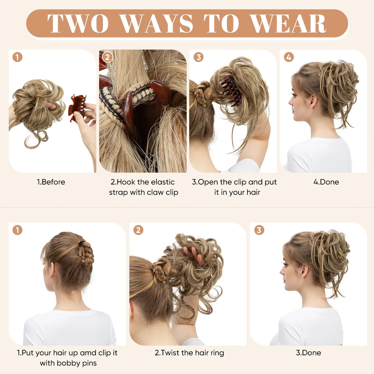 8.5-Inch Synthetic Messy Bun – Detachable Claw Clip & Elastic