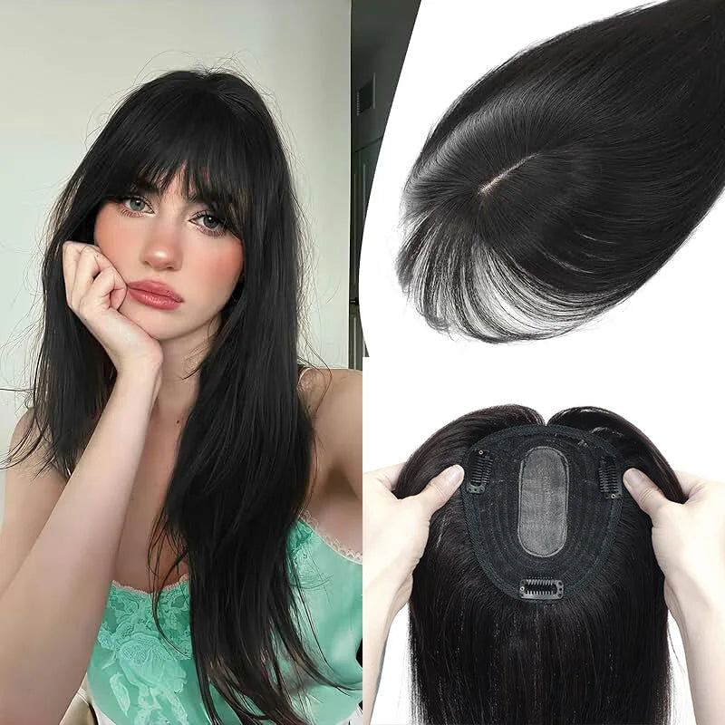 Human Hair Topper with Bangs – Natural Crown Coverage 12 × 13 cm