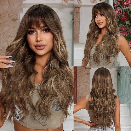 Brown Wavy Long Wig with Bangs – Heat Resistant Synthetic Daily & Cosplay Wig