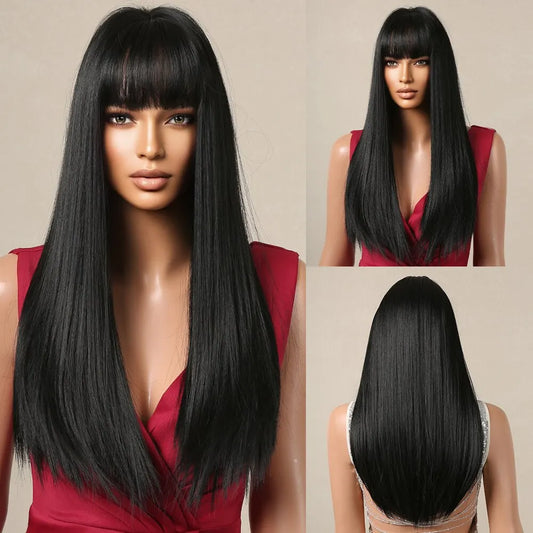 Black Long Straight Wig for Women – Heat Resistant Synthetic Daily & Cosplay Wig