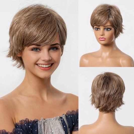 Short Pixie Cut Grey Human Hair Wig – 8” Layered Blend Wig with Bangs for Women