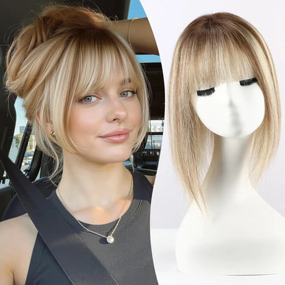 12” Mixed Blonde Human Hair Topper with Bangs – 360° Lace Base Clip-In for Women