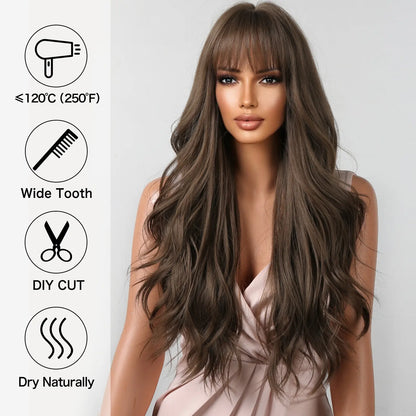 Brown Wavy Long Wig with Bangs – Heat Resistant Synthetic Daily & Cosplay Wig
