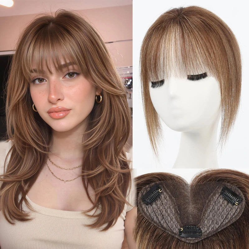 8” Remy Human Hair Topper with Air Bangs – Hand-Tied Lace Base 3-Clip