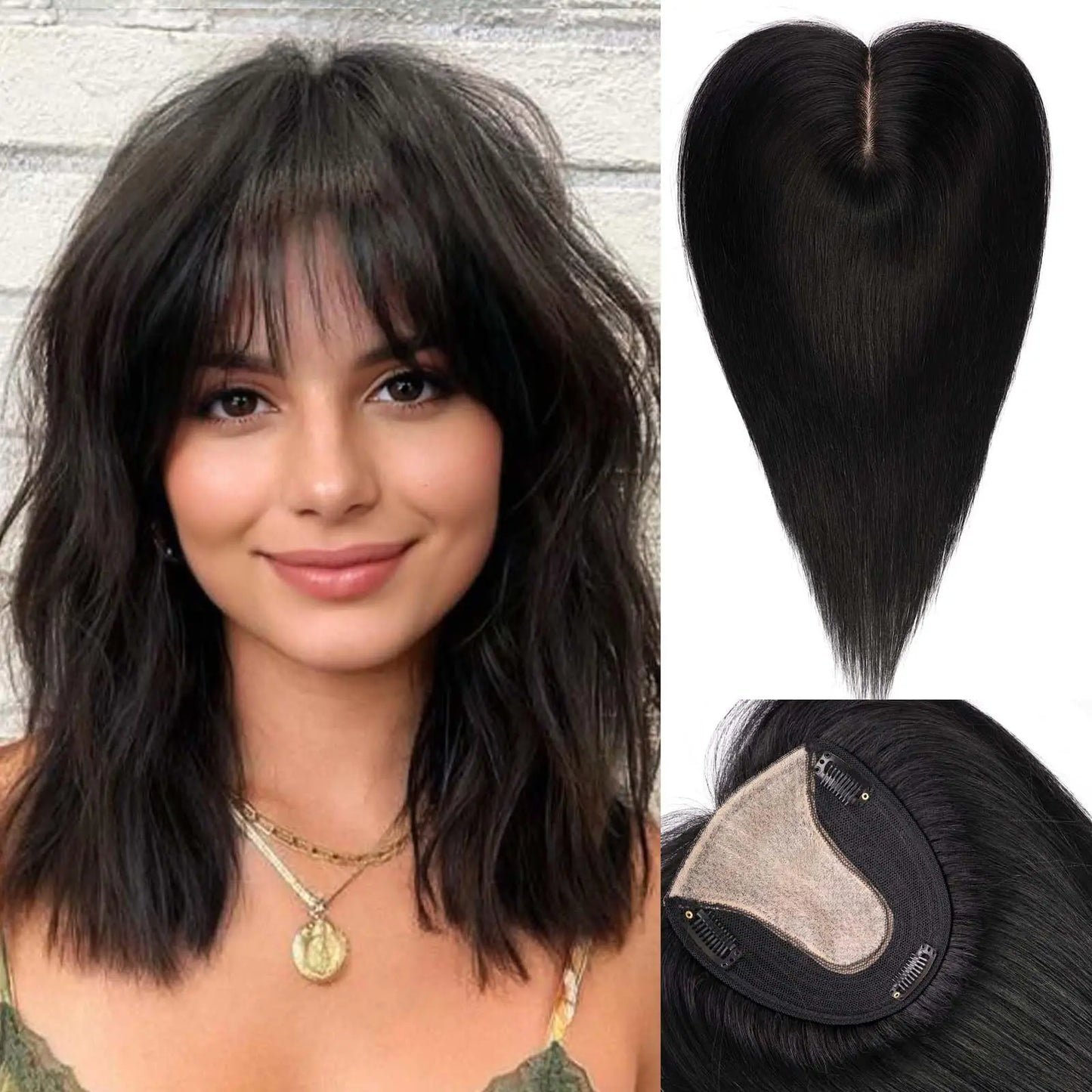 Brown Mixed Blonde Silk Base Human Hair Topper with Bangs – 14”