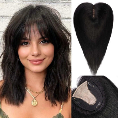 Brown Mixed Blonde Silk Base Human Hair Topper with Bangs – 14”