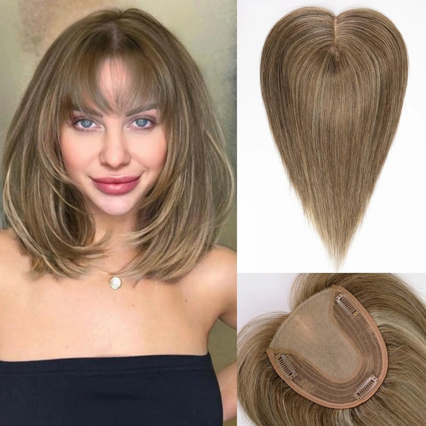 Brown Mixed Blonde Silk Base Human Hair Topper with Bangs – 14”