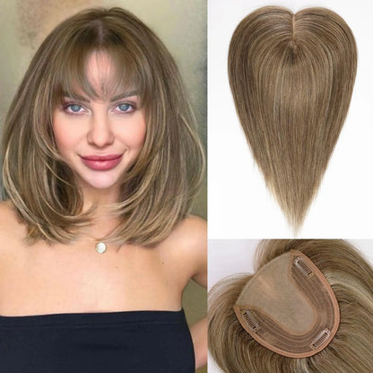 Brown Mixed Blonde Silk Base Human Hair Topper with Bangs – 14”
