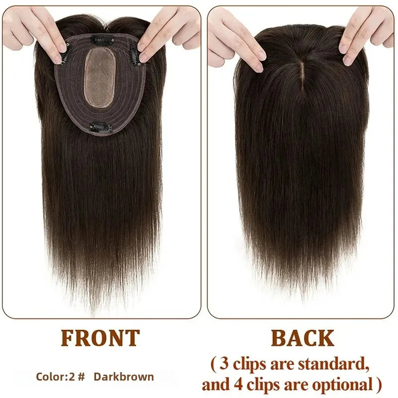 Silk Base Human Hair Topper with Bangs – 12 × 13 cm Remy Clip-In Crown Topper
