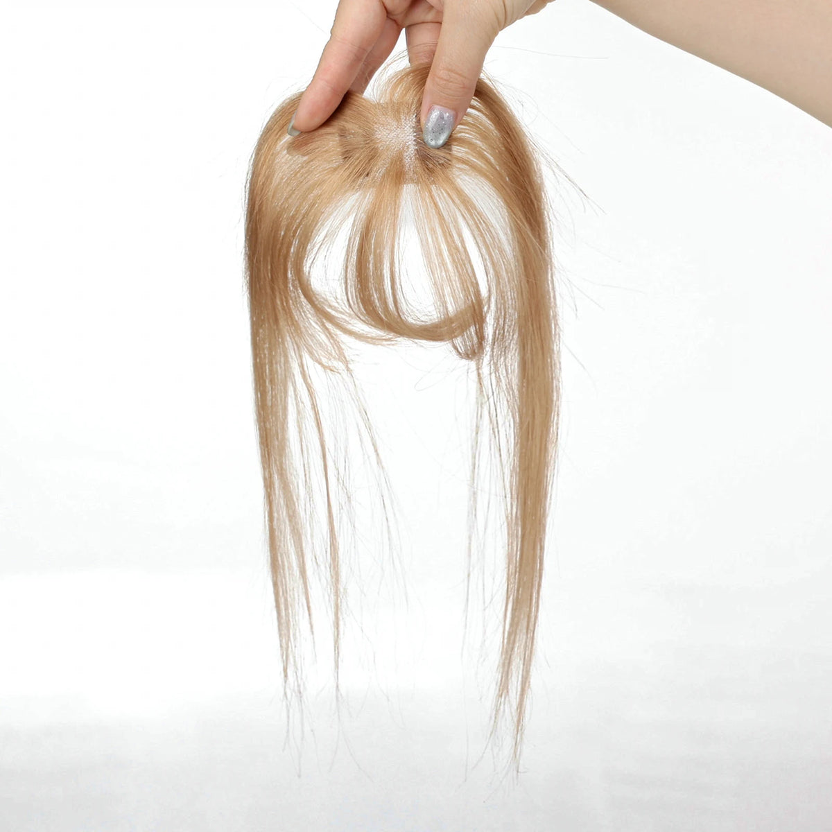 Detached warm champagne blonde fringe hairpiece with wispy bangs and side strands