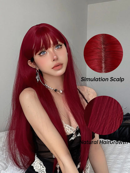 Wine Red Long Straight Wig with Bangs – Heat Resistant Synthetic Daily & Cosplay Wig