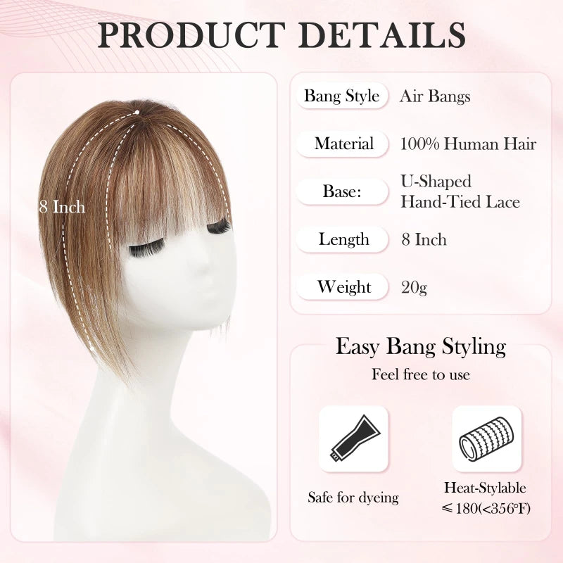 8” Remy Human Hair Topper with Air Bangs – Hand-Tied Lace Base 3-Clip