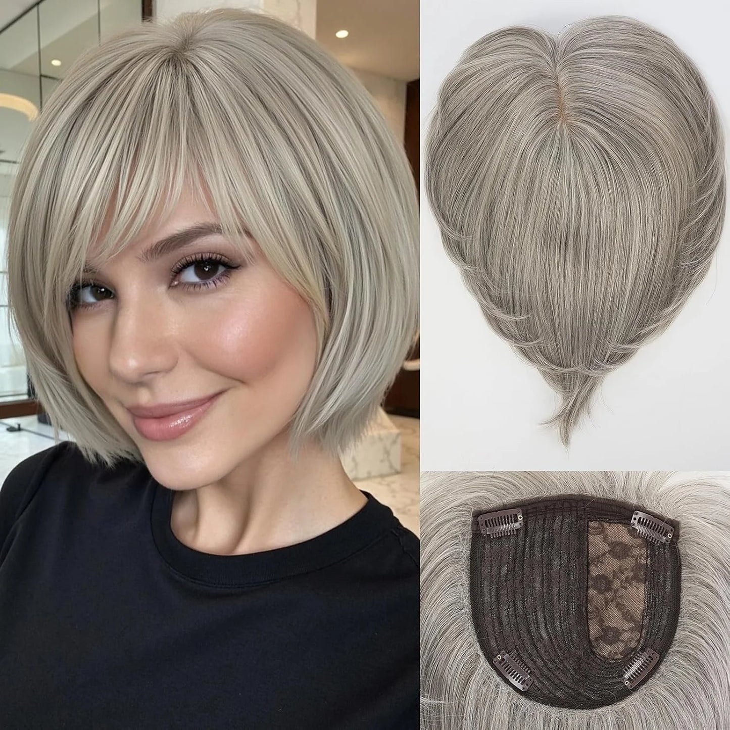 10” Human Hair Topper with Bangs – Silk Base Short Bob (6.5×6.5”)