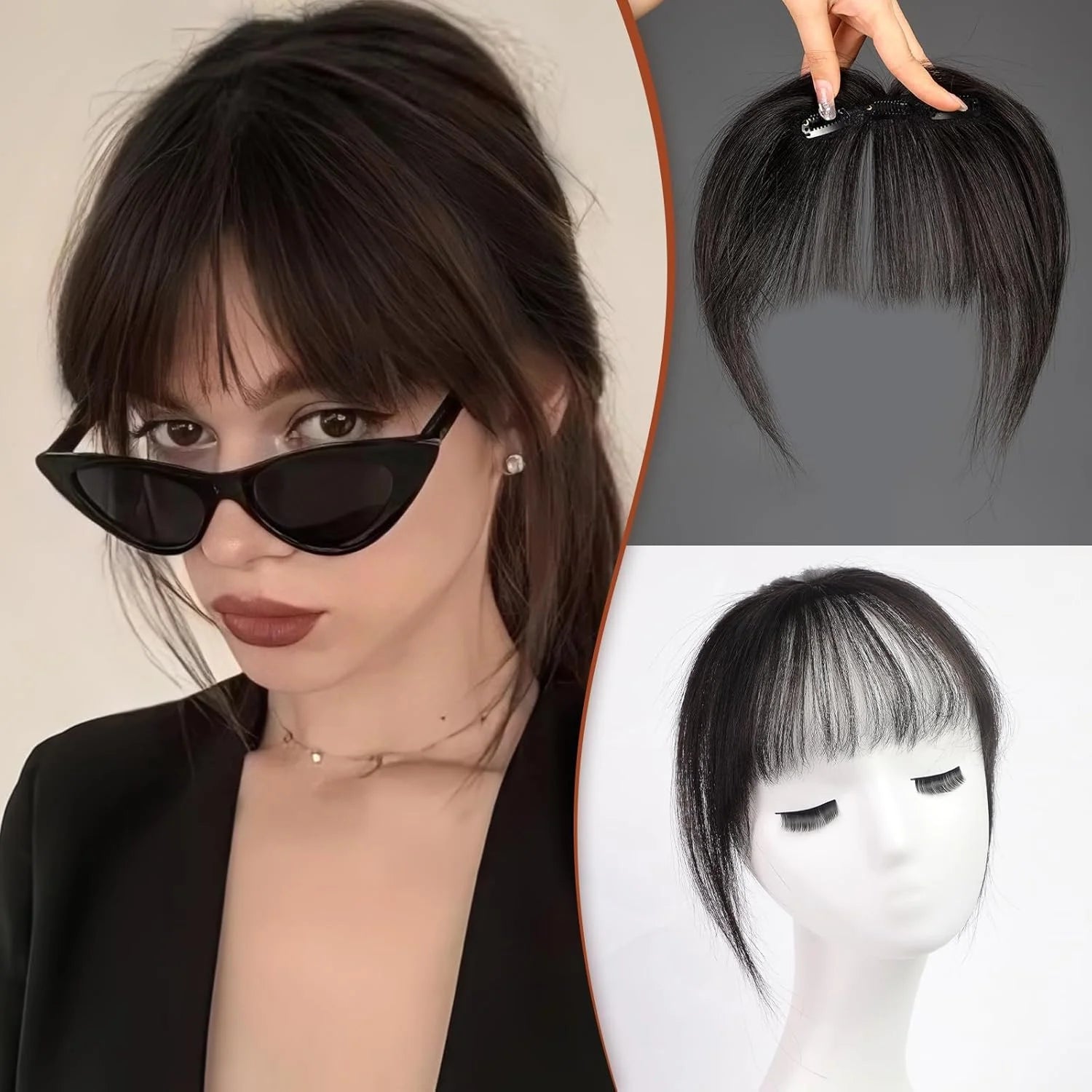 Ombre Brown to Blonde Clip-In Human Hair Bangs – Wispy Full Fringe with 3 Clips