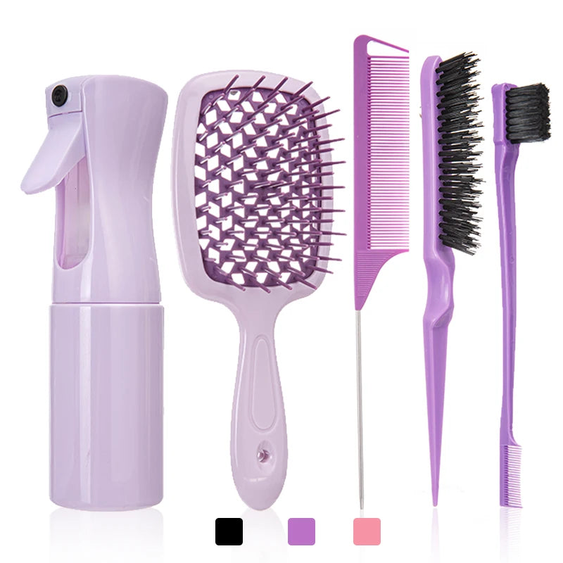 Detangling Hair Brush & Comb Set – Curved Brush, Rat Tail Comb & Edge Styling Tools