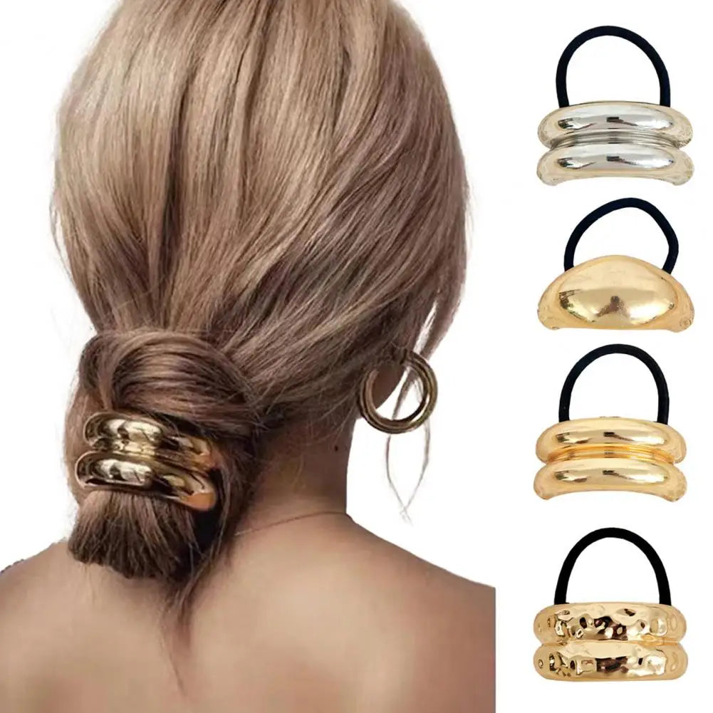 Gold Metal Hair Tie Cuff Set – 3/4-Piece High Elastic Ponytail Bands | Silkara™ Hair Accessories
