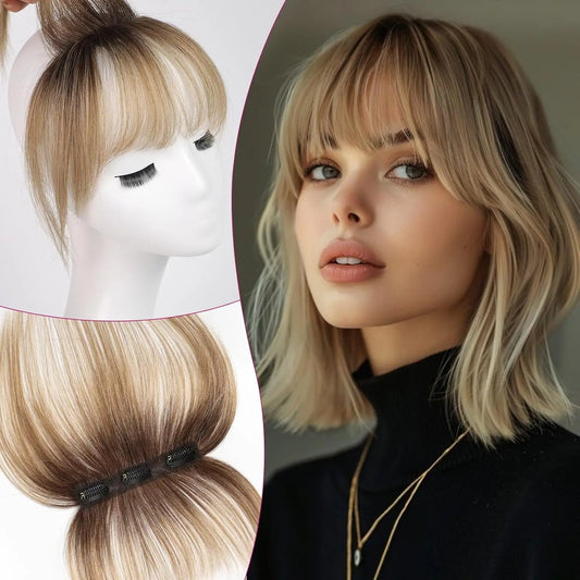 Ombre Brown to Blonde Clip-In Human Hair Bangs – Wispy Full Fringe with 3 Clips