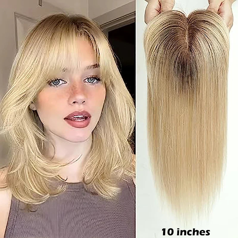 Light Brown Human Hair Topper with Bangs – 10" Silk Base Clip-In for Thinning Hair