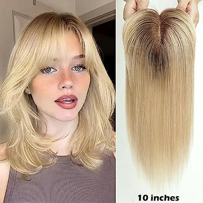 Light Brown Human Hair Topper with Bangs – 10" Silk Base Clip-In for Thinning Hair