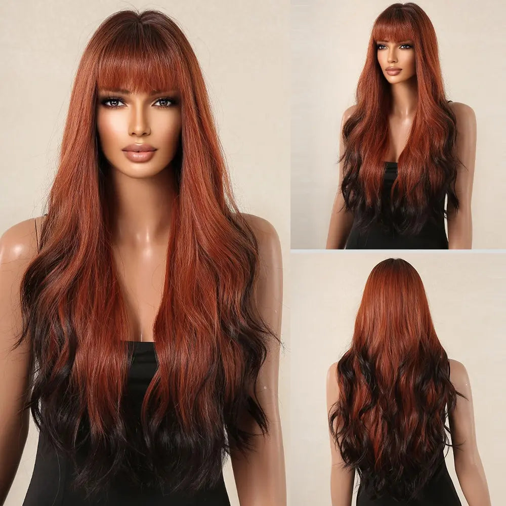 Brown Wavy Long Wig with Bangs – Heat Resistant Synthetic Daily & Cosplay Wig