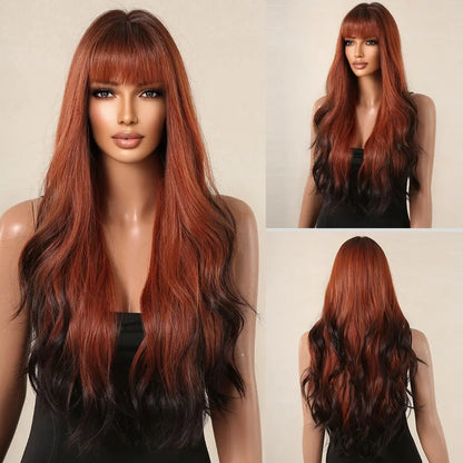 Brown Wavy Long Wig with Bangs – Heat Resistant Synthetic Daily & Cosplay Wig