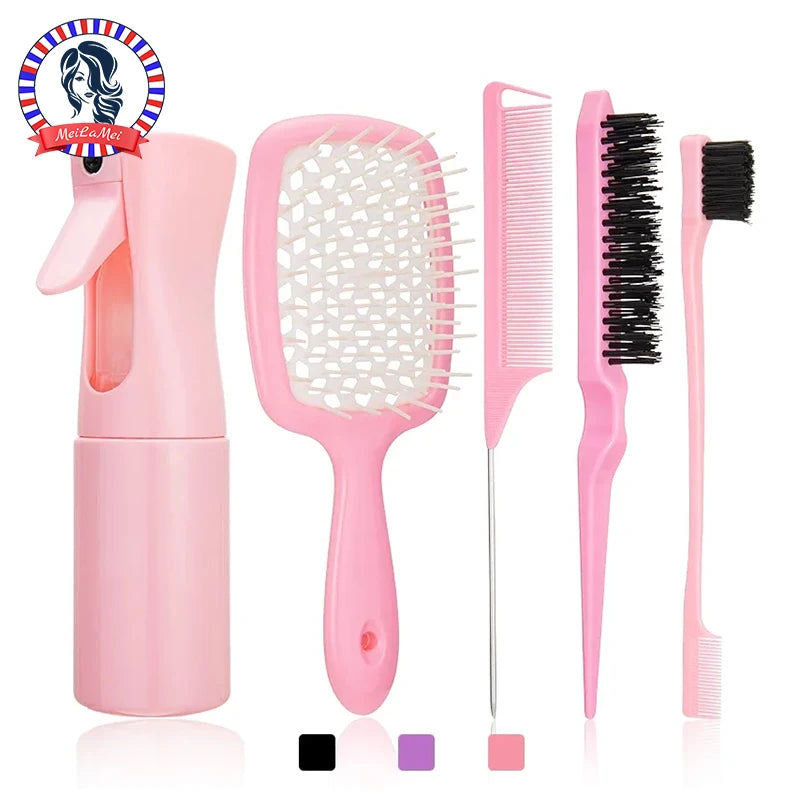 Detangling Hair Brush & Comb Set – Curved Brush, Rat Tail Comb & Edge Styling Tools