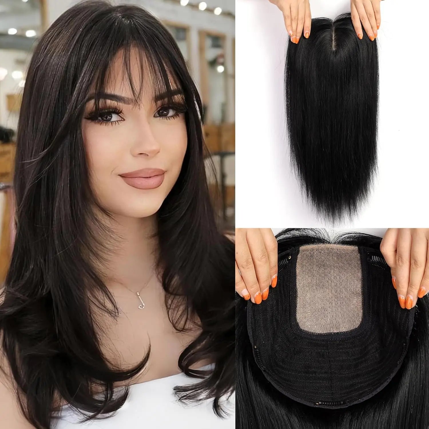16” Full Coverage Human Hair Topper – Large 9×9 Silk Base Brown Highlights