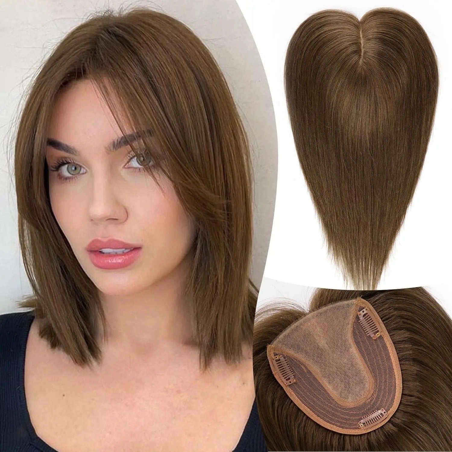 12” Human Hair Topper with Bangs – 360° Lace Base Clip-In for Women