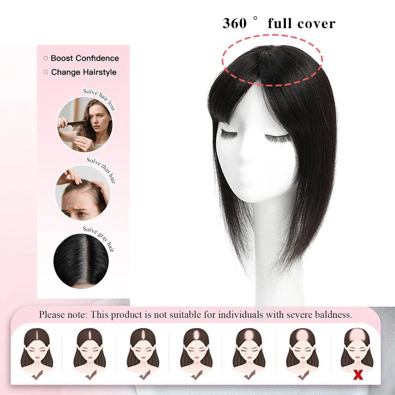 Human Hair Topper with Bangs – Natural Crown Coverage 12 × 13 cm