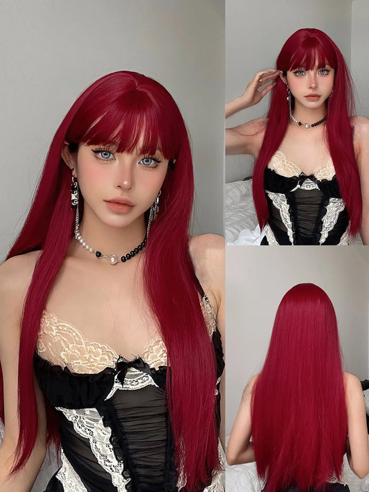 Wine Red Long Straight Wig with Bangs – Heat Resistant Synthetic Daily & Cosplay Wig