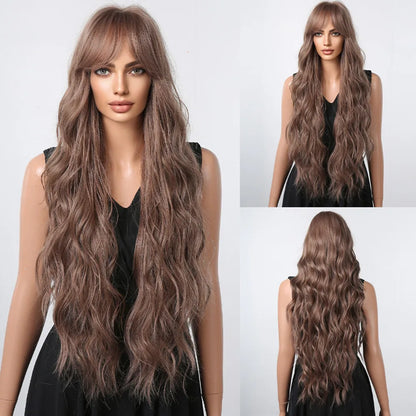 Brown Wavy Long Wig with Bangs – Heat Resistant Synthetic Daily & Cosplay Wig