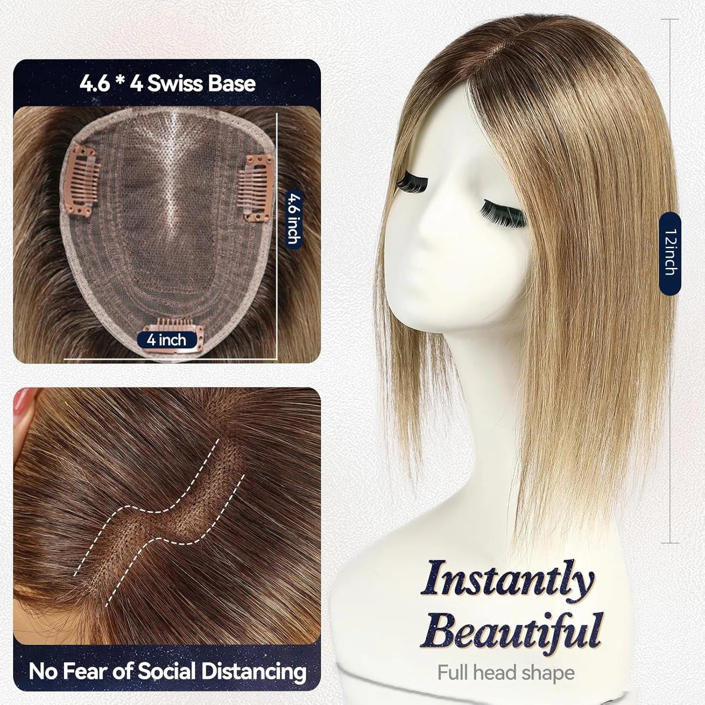 Ombre Light Brown Straight Human Hair Topper – 12” Middle Part Swiss Base