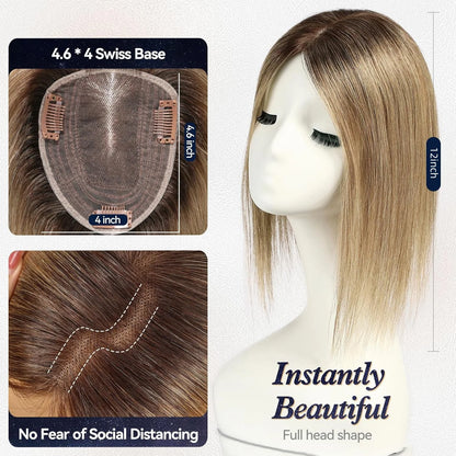 Ombre Light Brown Straight Human Hair Topper – 12” Middle Part Swiss Base