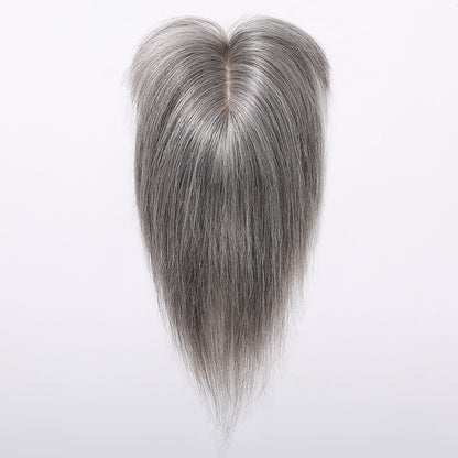 Light Grey Human Hair Topper with Thick Bangs – 360° Clip-In Silk Base Topper for Women