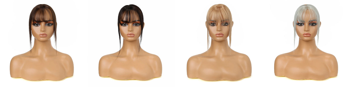 Clip-in fringe shade comparison showing brown, dark brown, blonde and silver hairpieces
