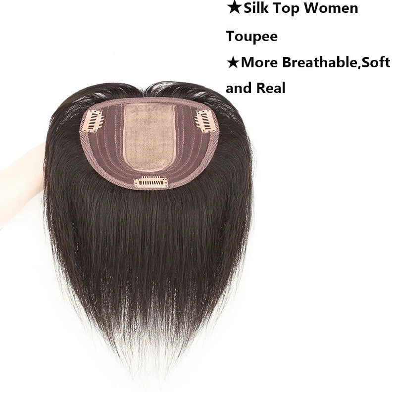 Silk Base Human Hair Topper with Bangs – 12 × 13 cm Remy Clip-In Crown Topper